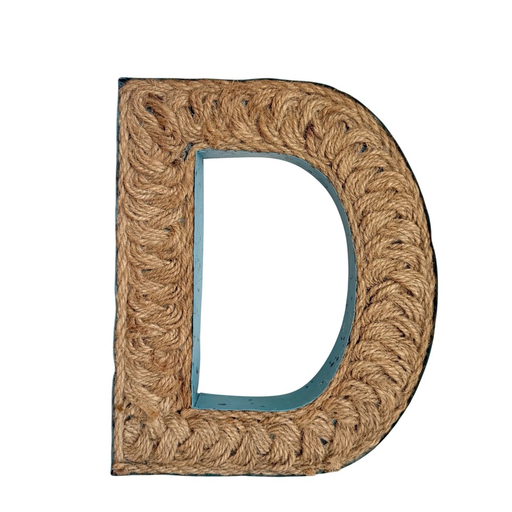 Wall Letter D Large Teal Blue Metal Jute Rope Distressed Rustic Decor